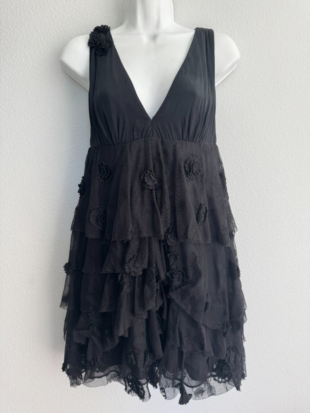 Missoni Orange Label Black Lace Ruffle Tiered V-Neck Sleeveless Dress XS 2 Italy